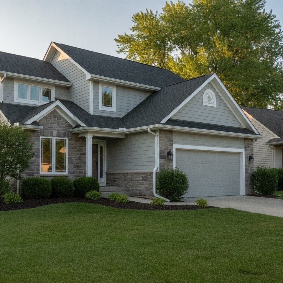 Seamless white aluminum gutters on a dark Midwestern home