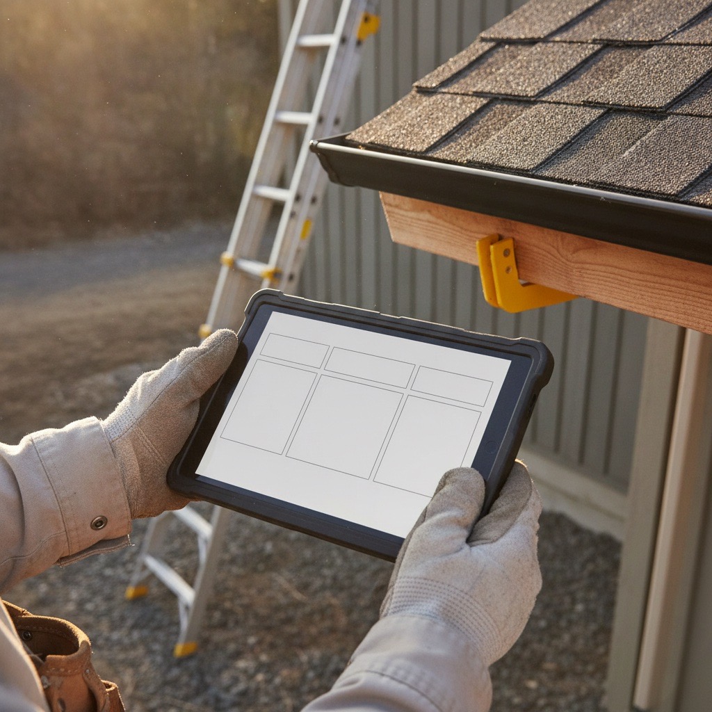 Hands reviewing a gutter estimate on a tablet