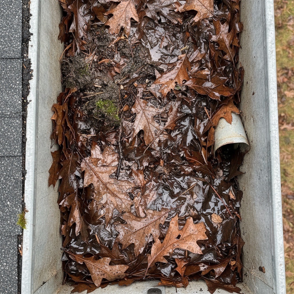 Technician inspecting gutter hangers during a repair visit