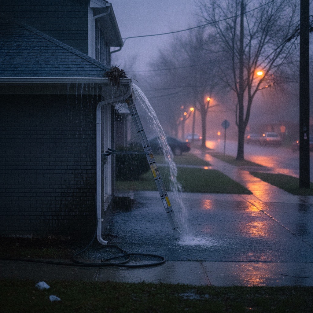 Storm damaged gutter requiring emergency repair