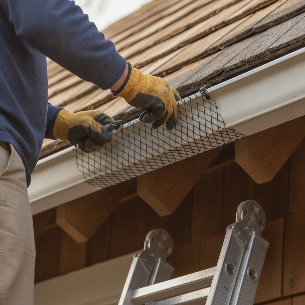 Leaf guards protecting seamless gutters from debris