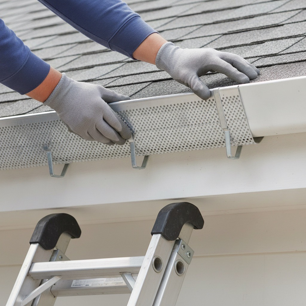 Close-up of installed leaf guard on aluminum gutter