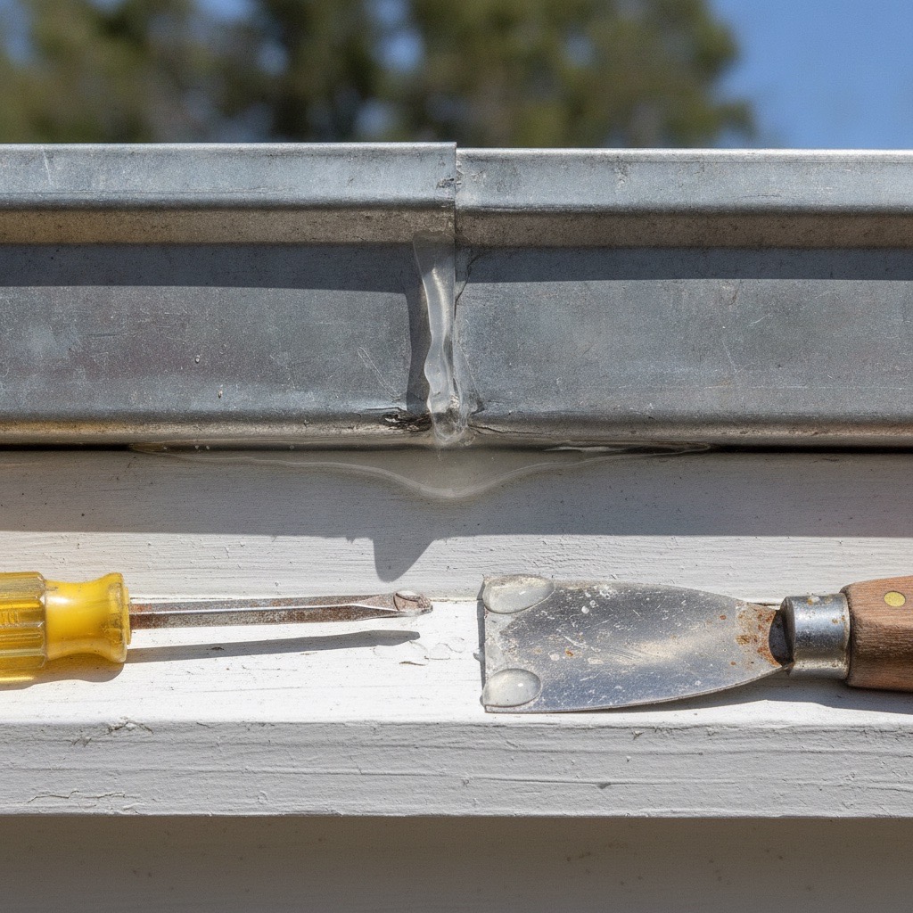 Technician repairing a leaking gutter corner