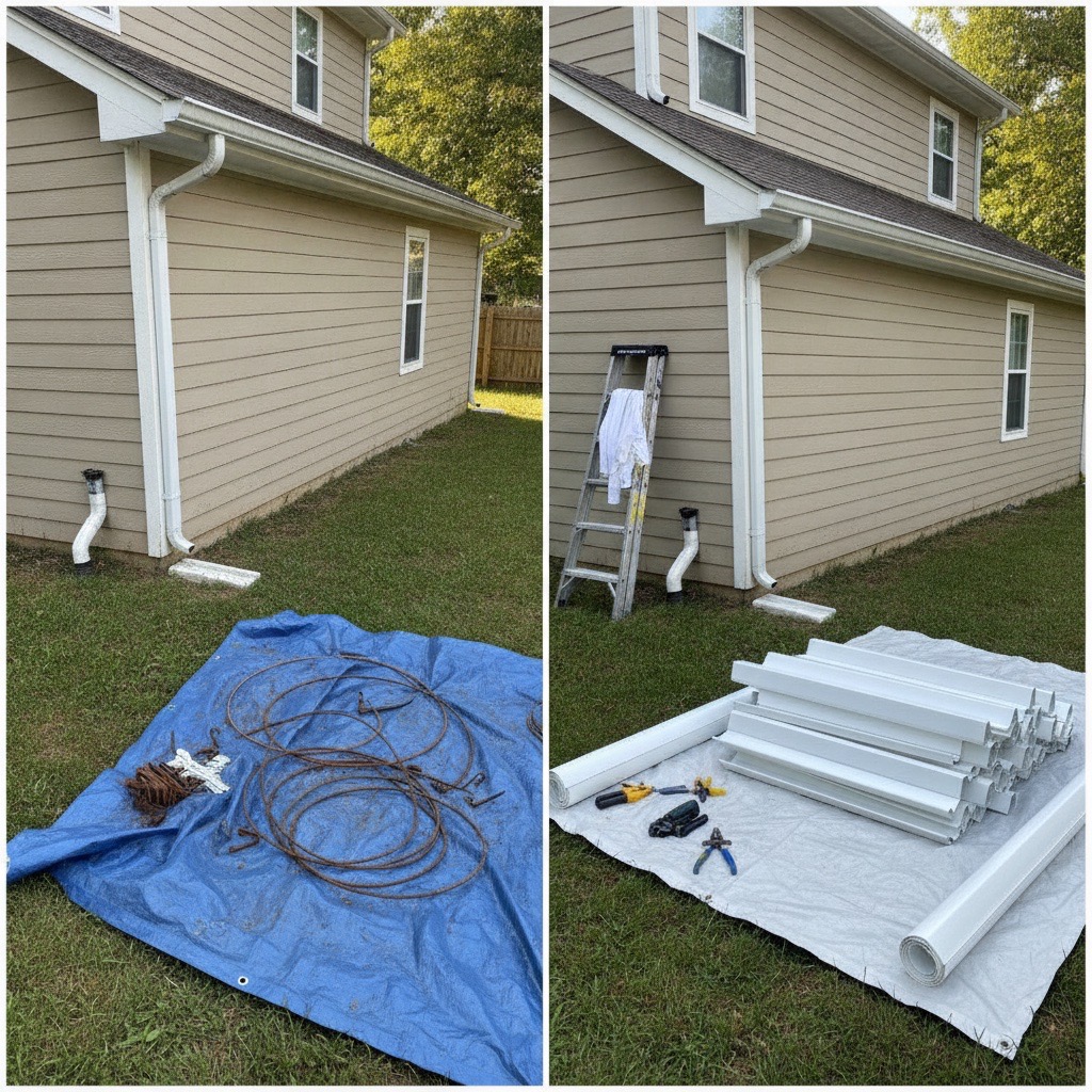 Old gutters being removed before replacement
