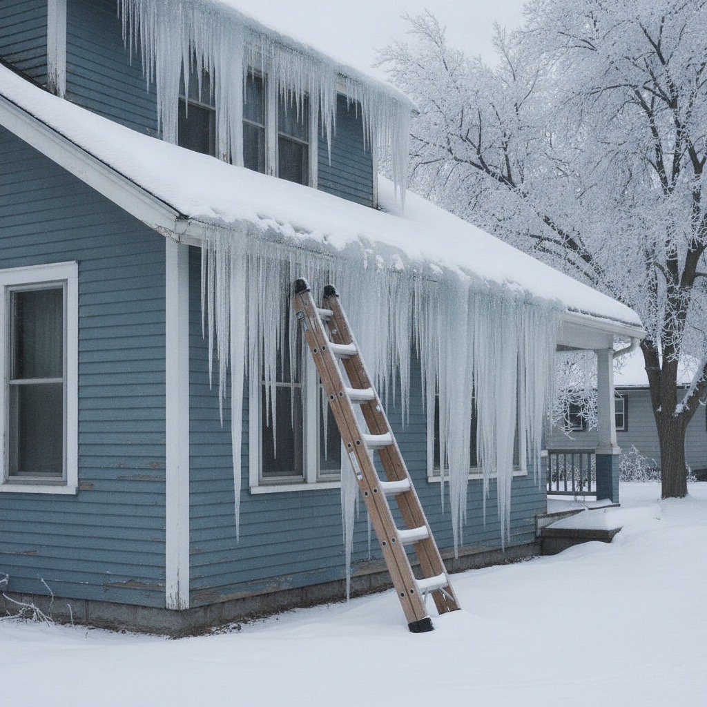 Ice dam on a Minneapolis roof edge in winter