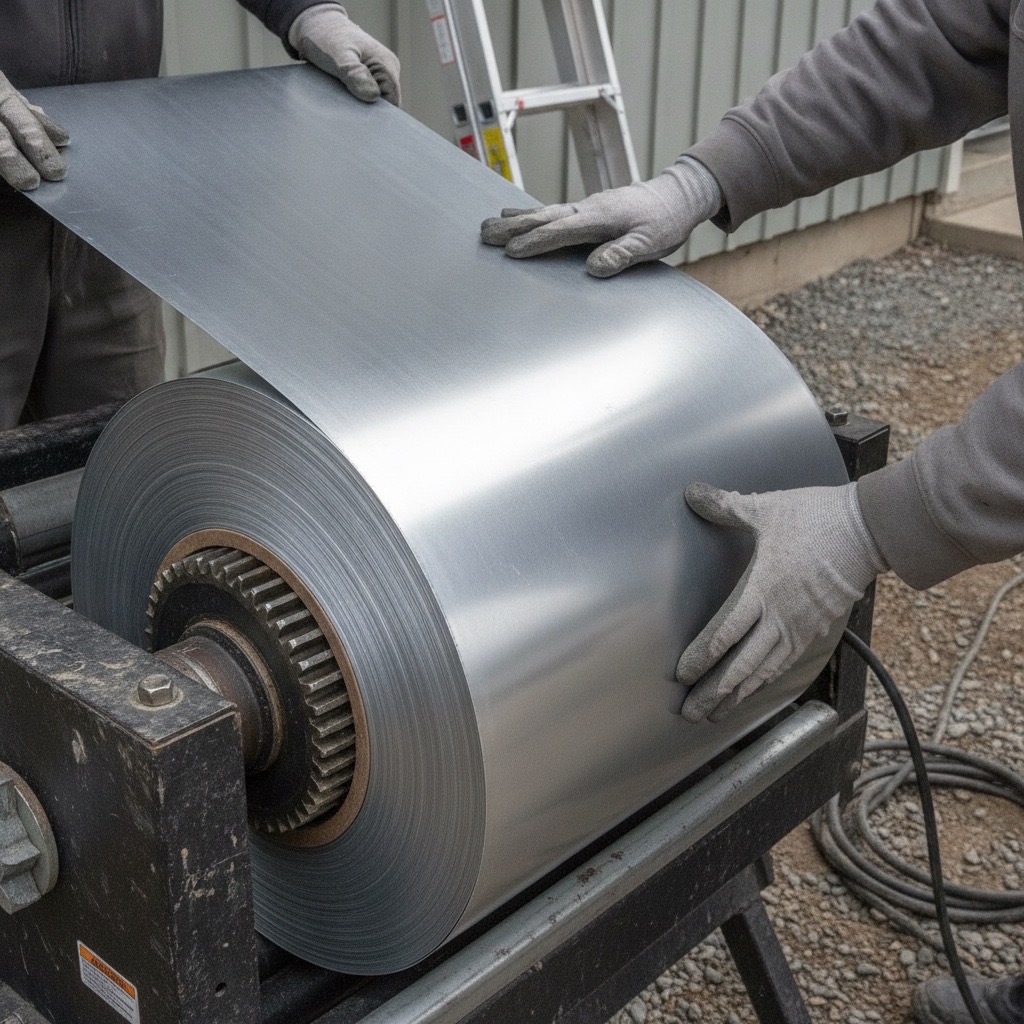 Continuous aluminum gutter exiting the roll-forming machine