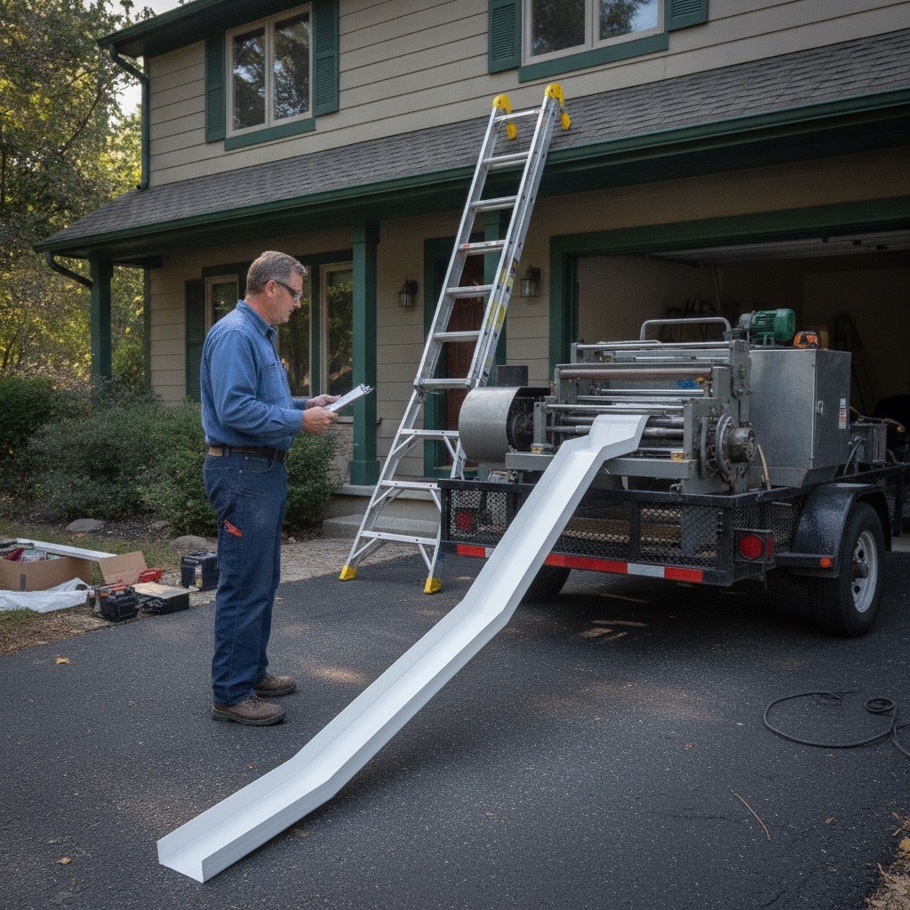New Tech Machinery MACH II 5/6 roll-forming seamless gutters on site