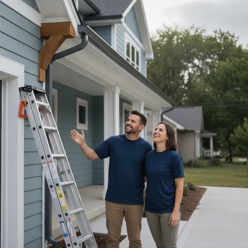 Happy homeowner in front of a house with new seamless gutters