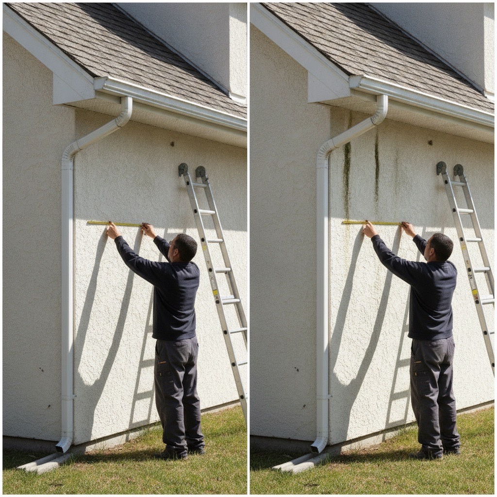 Seamless gutter being formed on site compared to sectional gutter pieces