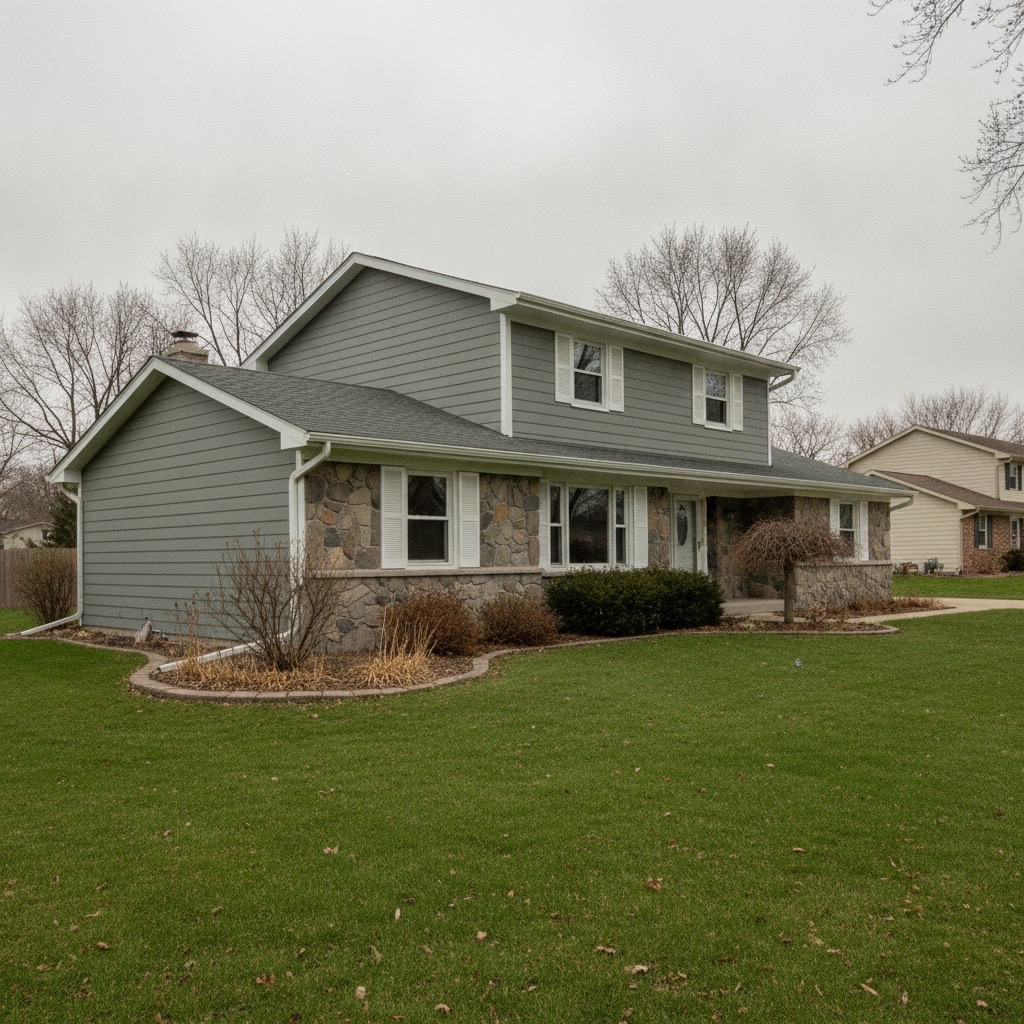 New charcoal seamless gutters on a Bloomington suburban home