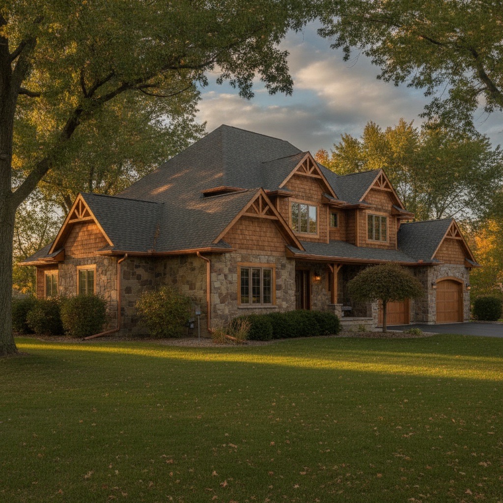 Copper-penny finish seamless gutters on an Eden Prairie home