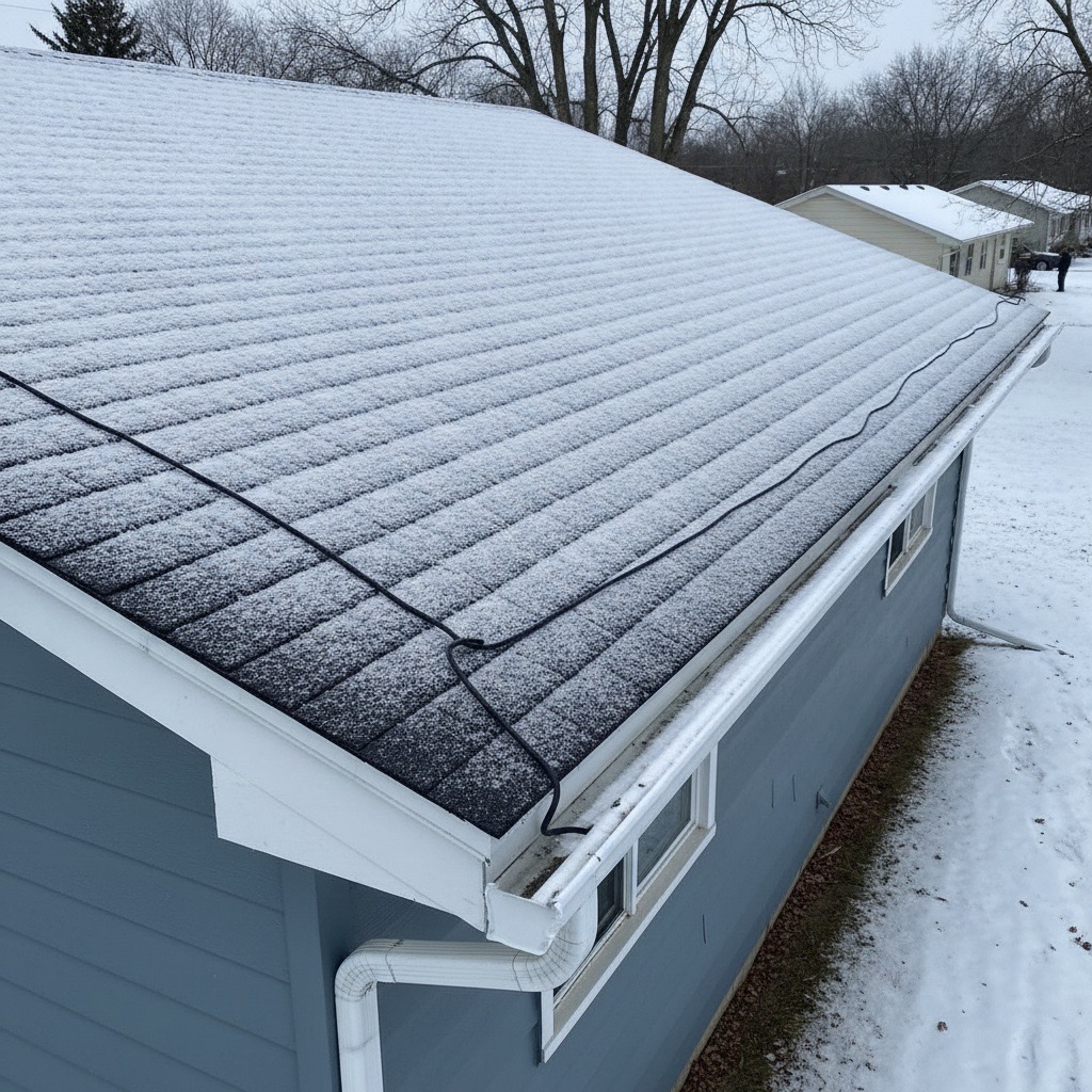 Cleared roof edge with heat cable after ice dam work in Hudson Wisconsin