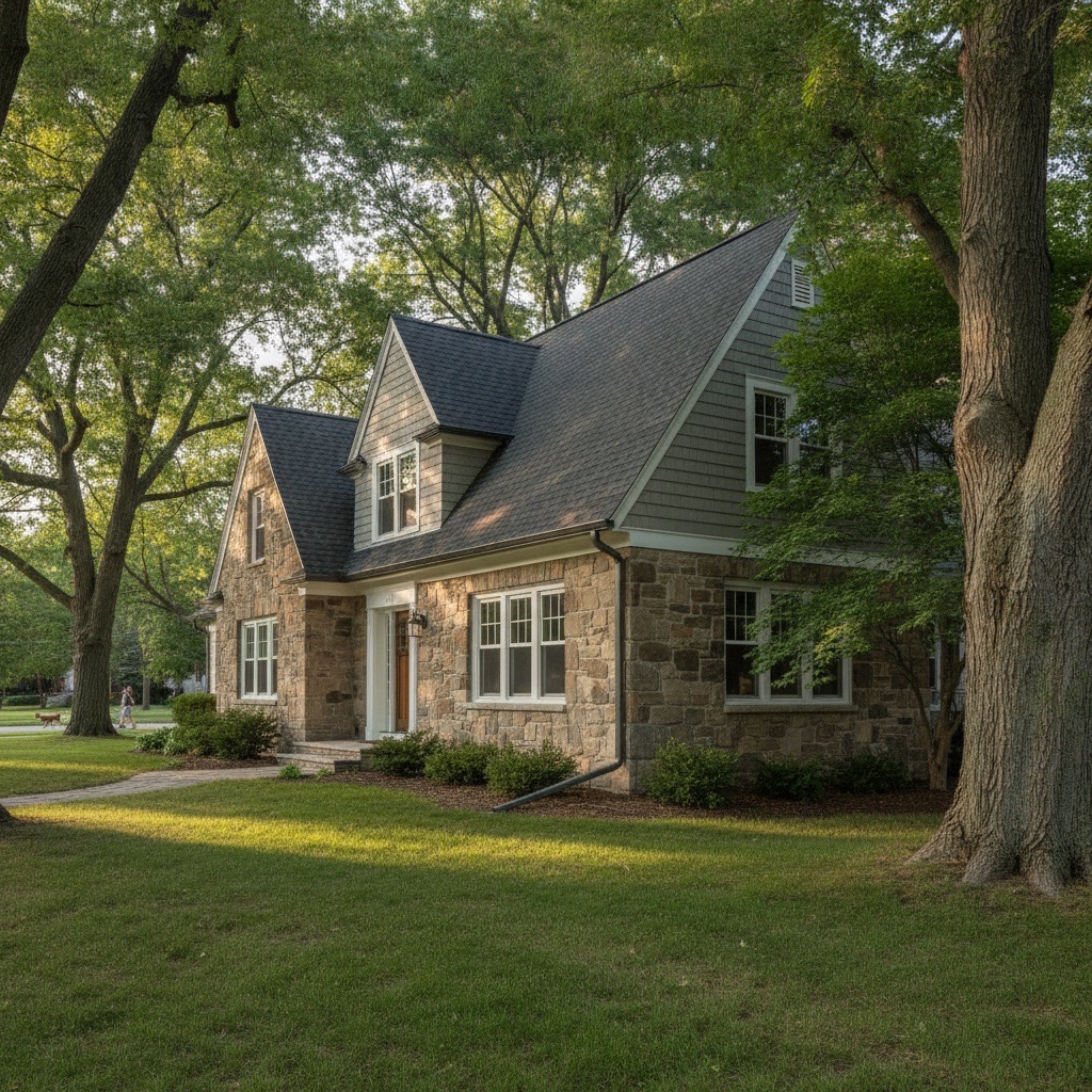 Fresh 6-inch seamless aluminum gutters on a Minneapolis steep-roof home