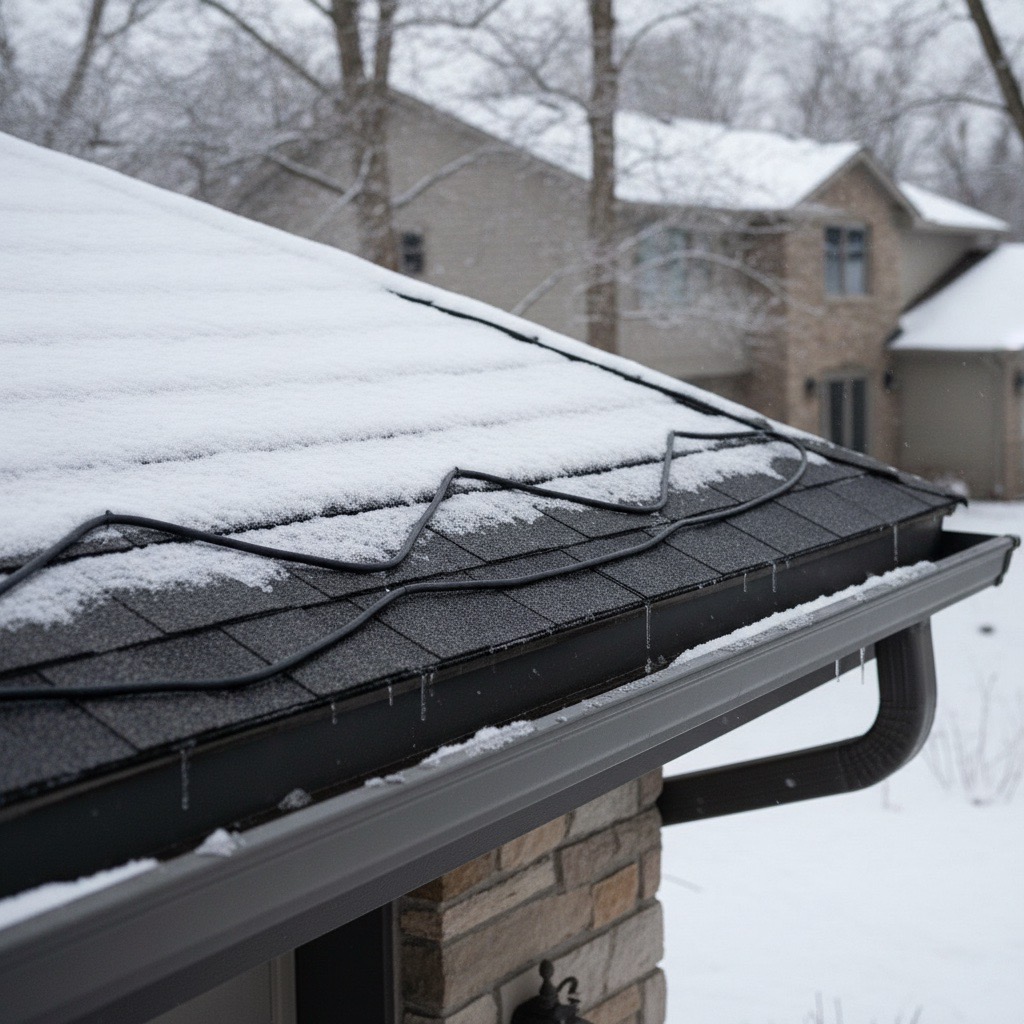 Winter eave after ice dam removal and gutter reset in Minnetonka