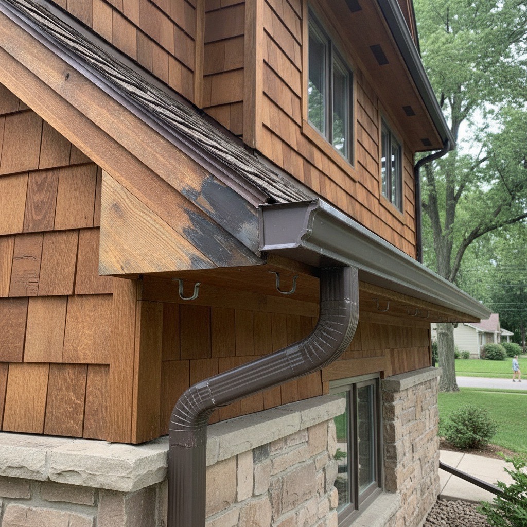 Repaired gutter run after storm overflow on a Woodbury home